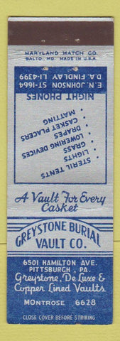 Matchbook Cover - Greystone Burial Vault Pittsburgh PA