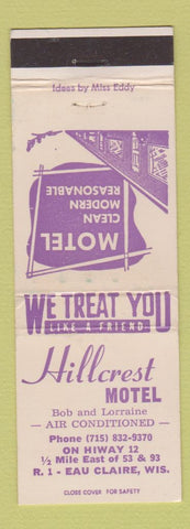 Matchbook Cover - Hillcrest Motel Eau Claire WI