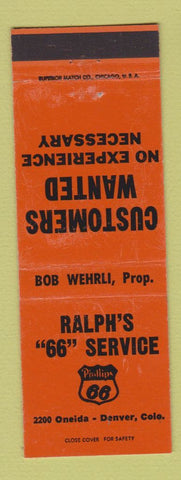 Matchbook Cover - Ralph's Phillips 66 oil gas Denver Colorado ORANGE