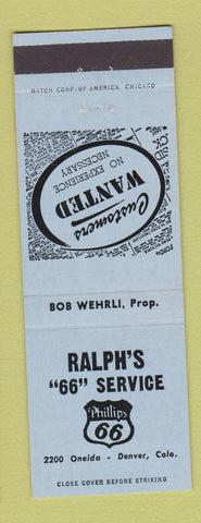 Matchbook Cover - Ralph's Phillips 66 oil gas Denver Colorado BLUE