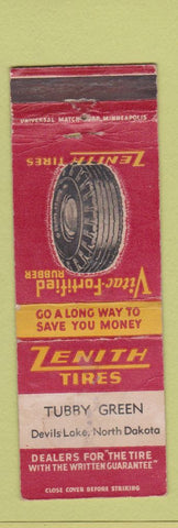 Matchbook Cover - Zenith Tires Tubby Green Devils Lake ND WORN