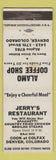 Matchbook Cover Jerry's Restaurant Denver Colorado Colfax Alamo Coffee Shop WEAR