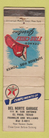 Matchbook Cover - Texaco oil gas Del Norte Garage El Paso TX WEAR