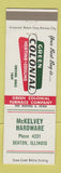 Matchbook Cover - Green Colonial Heating Coolings McKelvey Hardware Seaton IL