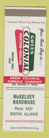 Matchbook Cover - Green Colonial Heating Coolings McKelvey Hardware Seaton IL