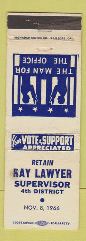 Matchbook Cover - Ray Lawyer Supervisor Election 1966 WORN
