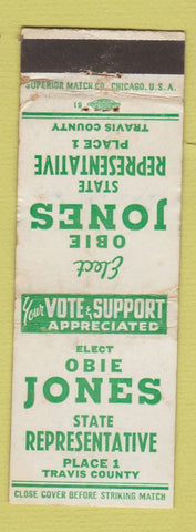 Matchbook Cover - Obie Jones Travis County State Rep Election WEAR