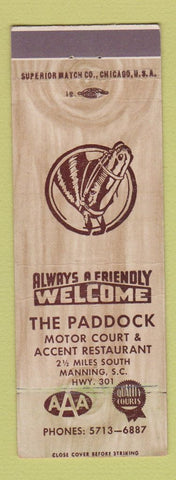 Matchbook Cover - The Paddock Motel Manning SC WEAR