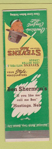 Matchbook Cover - Stevens Hats Ben Sherman's Hastings NE