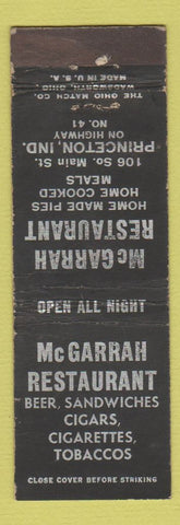 Matchbook Cover - McGarrah Restaurant Princeton IN WEAR