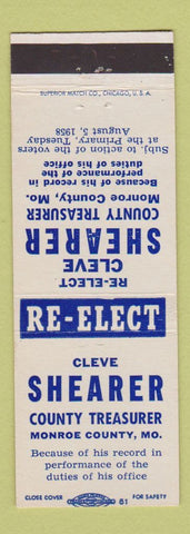 Matchbook Cover - Cleve Shearer County Treasurer Monroe County MO