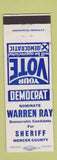 Matchbook Cover - Warren Ray Sheriff Election Mercer County
