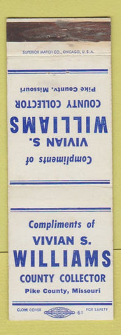 Matchbook Cover - Vivian S Williams County Collector Election Pike County MO