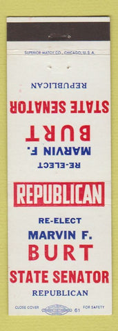 Matchbook Cover - Marvin F Burt State Senator Election Freeport IL