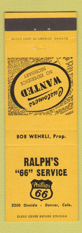 Matchbook Cover - Ralph's Phillips 66 oil gas Denver Colorado YELLOW
