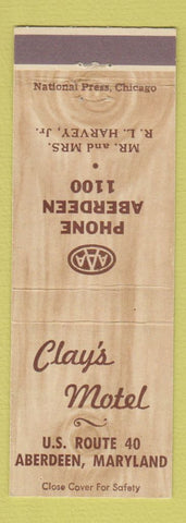 Matchbook Cover - Clay's Motel Aberdeen MD