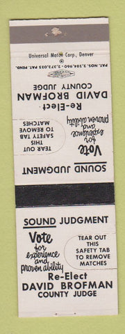 Matchbook Cover - David Brofman County Judge