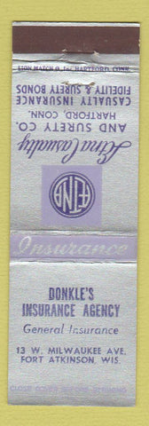 Matchbook Cover - Aetna Insurance Donkle's Fort Atkinson WI