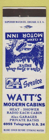 Matchbook Cover - Watt's Modern Cabins  Toledo OH Temperance