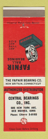 Matchbook Cover - Central Bearings Fafnir Des Moines IA
