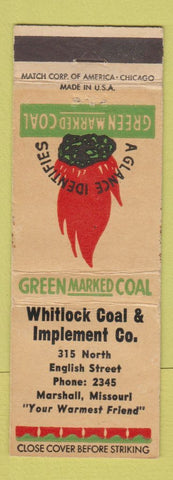 Matchbook Cover - Green Marked Coal Whitlock Implement Marshall MO