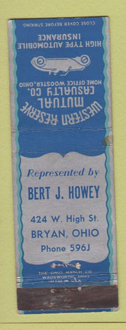 Matchbook Cover - Western Reserve Insurance Bert Howey Bryan OH WEAR