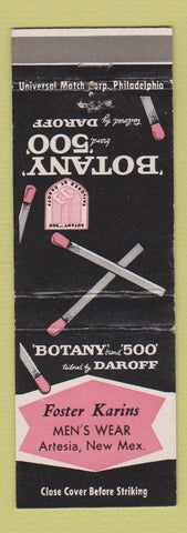 Matchbook Cover - Botany 500 Men's Clothes Foster Karins Artesia NM