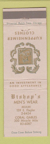 Matchbook Cover - Kuppenheimer Men's Clothes Bishop's Coral Gables Miami FL