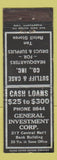 Matchbook Cover - General Investment Corp Sutliff & Cash