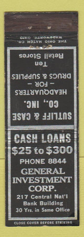 Matchbook Cover - General Investment Corp Sutliff & Cash