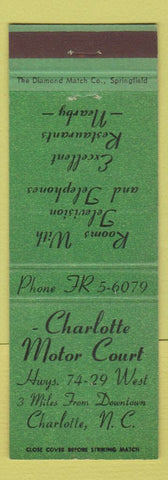 Matchbook Cover - Charlotte Motor Court NC