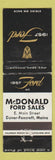 Matchbook Cover - 1957 Ford McDonald Dover Foxcroft ME WEAR