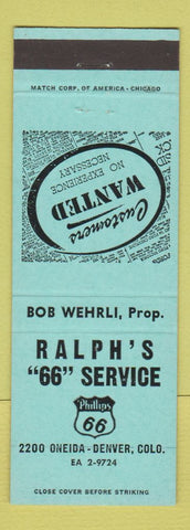 Matchbook Cover - Ralph's Phillips 66 oil gas Denver Colorado Bob Wehrli