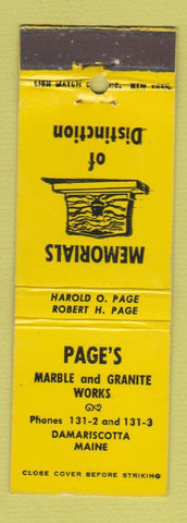 Matchbook Cover - Page's Marble Granite Memorials Damariscotta ME