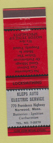 Matchbook Cover - Kleps Auto Electric Norwood MA