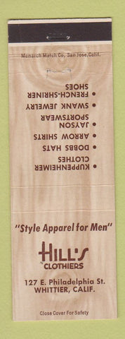 Matchbook Cover - Hill's Men's Clothes Whittier CA Arrow Kuppenheimer