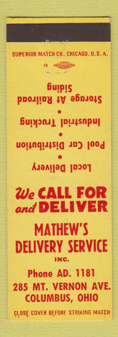 Matchbook Cover - Mathew's Delivery Service Columbus OH