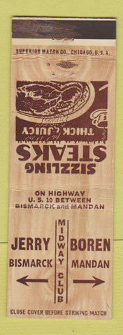 Matchbook Cover - Jerry Borden Restaurant Midway Club Bismarck Mandan ND