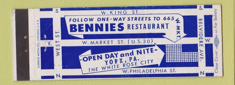 Matchbook Cover - Bennies Restaurant York PA Full Length