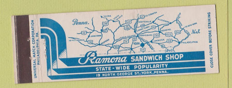 Matchbook Cover - Ramona Sandwich Shop York PA  Full Length