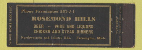Matchbook Cover - Rosemond Hills Restaurant Farmington MI Full Length
