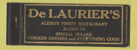 Matchbook Cover - DeLaurier's Restaurant Aledo IL  Full Length