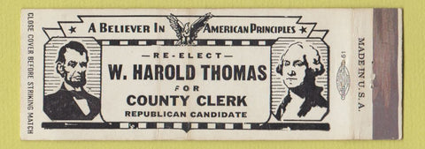 Matchbook Cover - W Harold Thomas County Clerk Election Abraham Lincoln