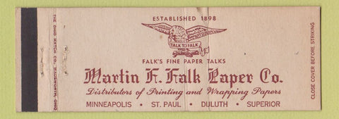 Matchbook Cover - Martin Falk Paper Company Minneapolis MN Full Length