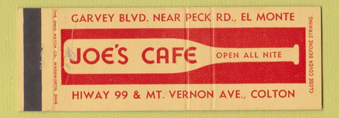 Matchbook Cover - Joe's Cafe El Monte Colton CA baseball Full Length
