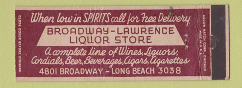 Matchbook Cover - Broadway Lawrence Liquor Store Long Beach? CA? ARROW