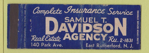 Matchbook Cover - Samuel Davidson Insurance East Rutherford NJ WEAR Full Length