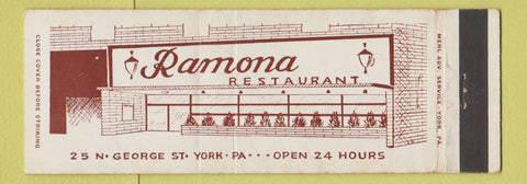 Matchbook Cover - Ramona Restaurant York PA Full Length