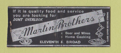 Matchbook Cover - Martin Brothers Restaurant Philadelphia PA BOBTAIL Full Length