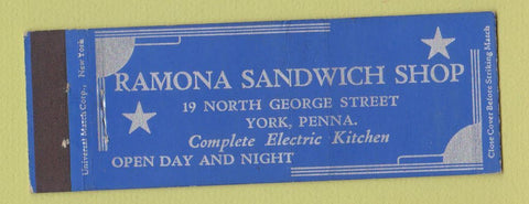 Matchbook Cover - Ramona Sandwich Shop York PA  Full Length